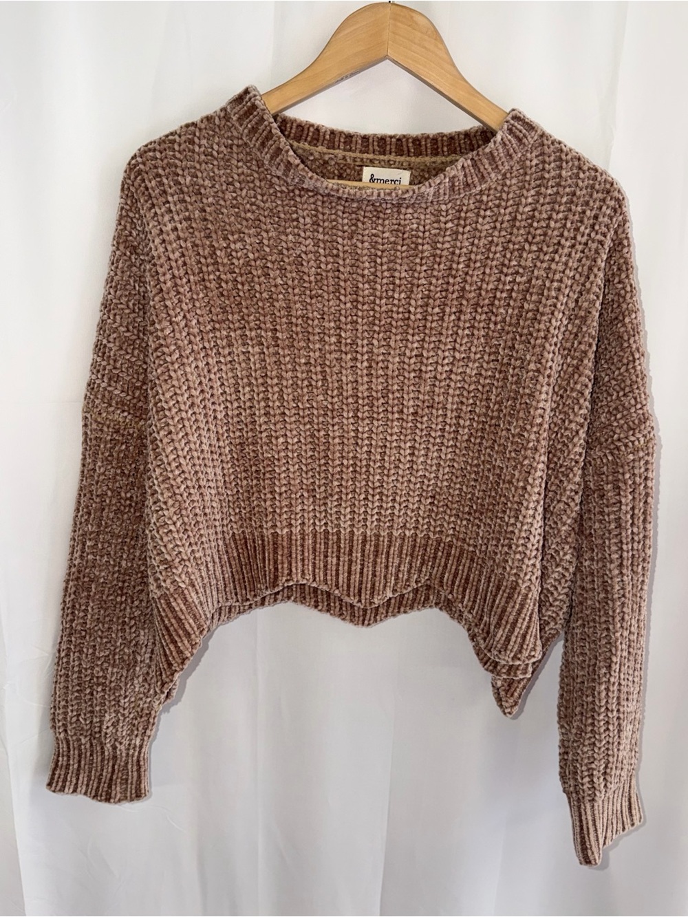 &merci Taupe Chenille Cropped Crewneck Sweater